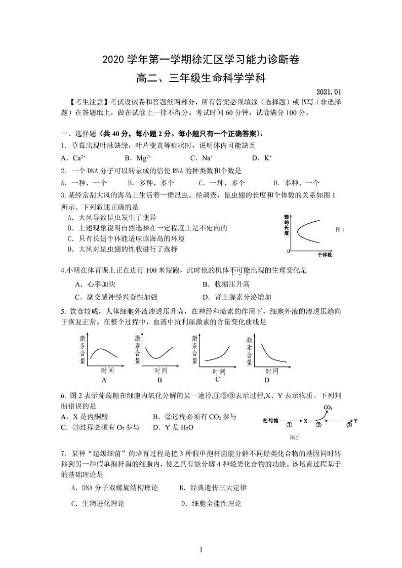 2020-2021学年上海市徐汇区高中生物等级考一模卷含答案第1页