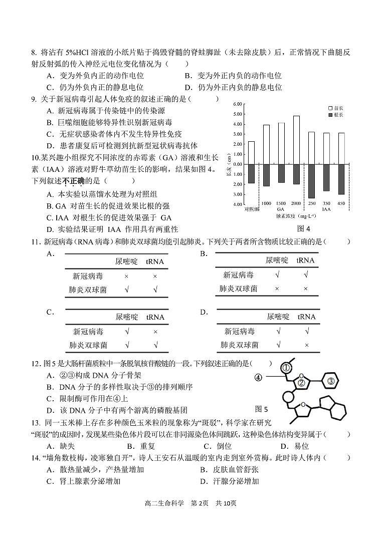 2020-2021学年上海市青浦区高中生物等级考一模卷含答案02