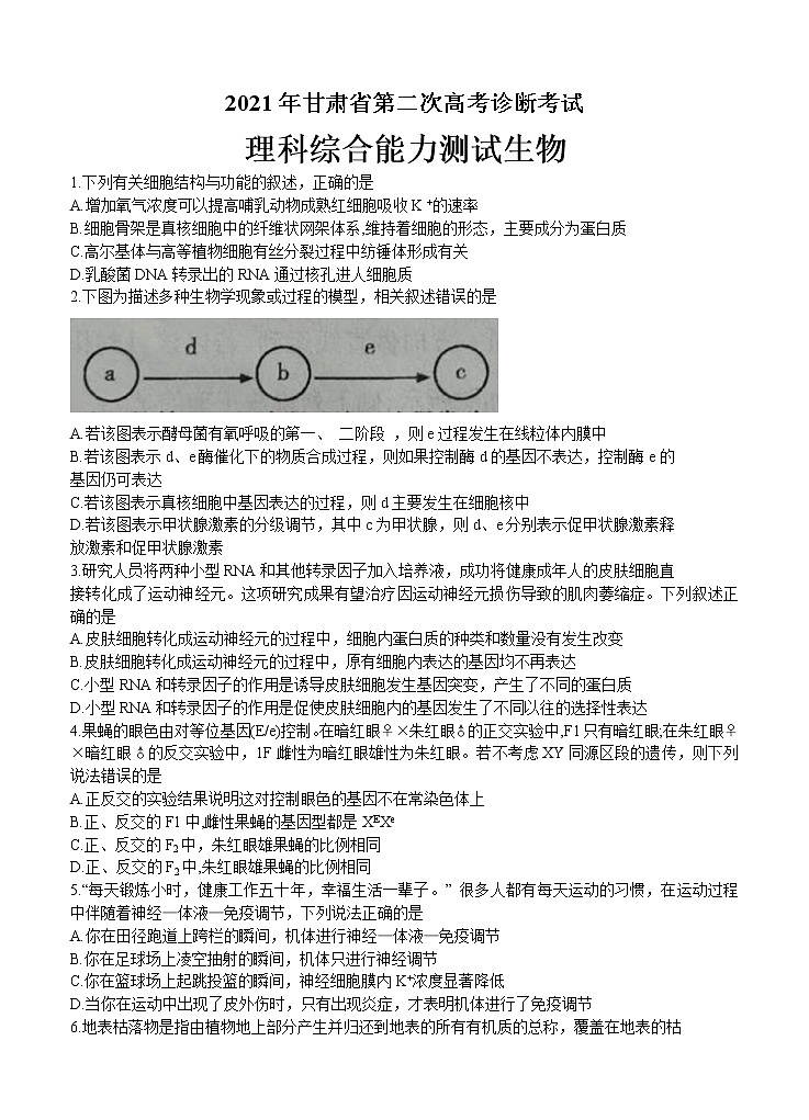 甘肃省2021届高三下学期4月第二次诊断考试理综生物（含答案）第1页