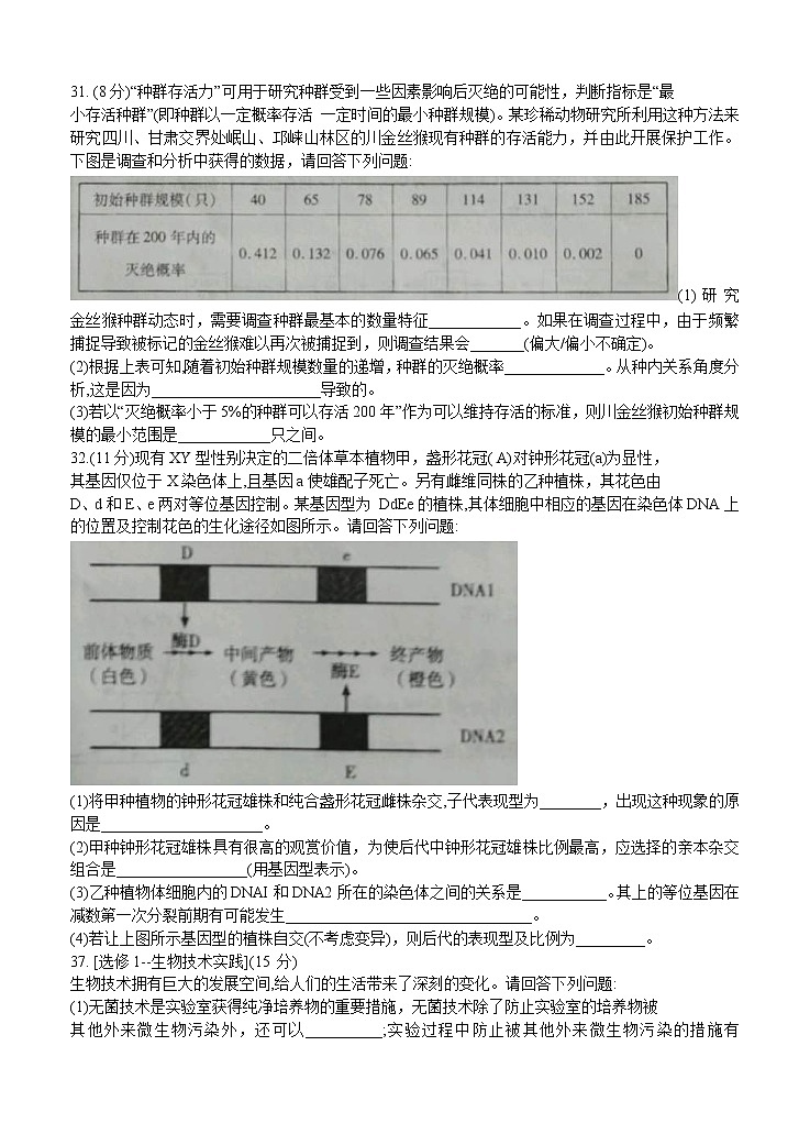 甘肃省2021届高三下学期4月第二次诊断考试理综生物（含答案）第3页