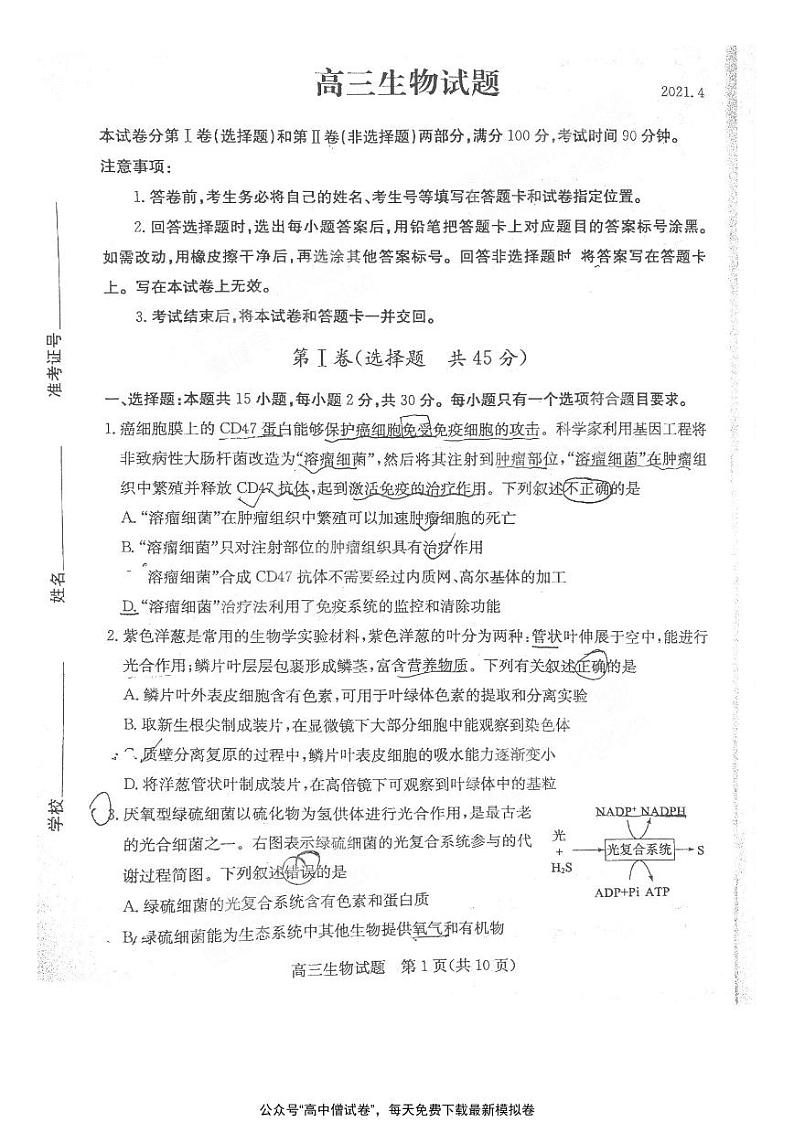 山东省德州市2021届高三下学期4月第二次模拟考试（二模）生物试题+含答案01
