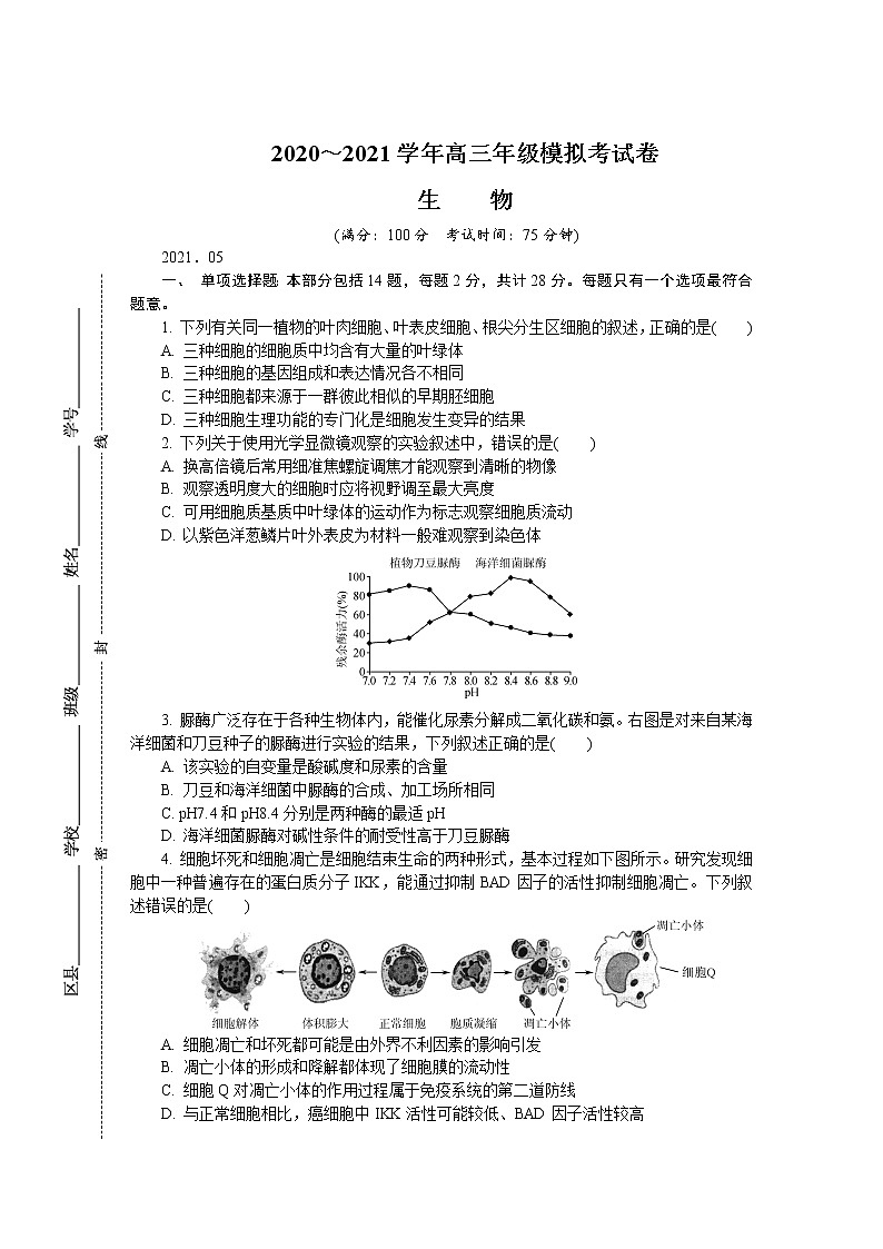 江苏省苏锡常镇四市2021届高三下学期5月教学情况调研（二）+生物+答案 试卷01