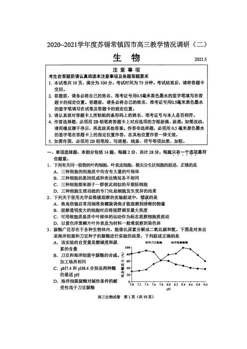 苏锡常镇四市2020~2021学年度高三教学情况调研（二）生物（含答案） 试卷01