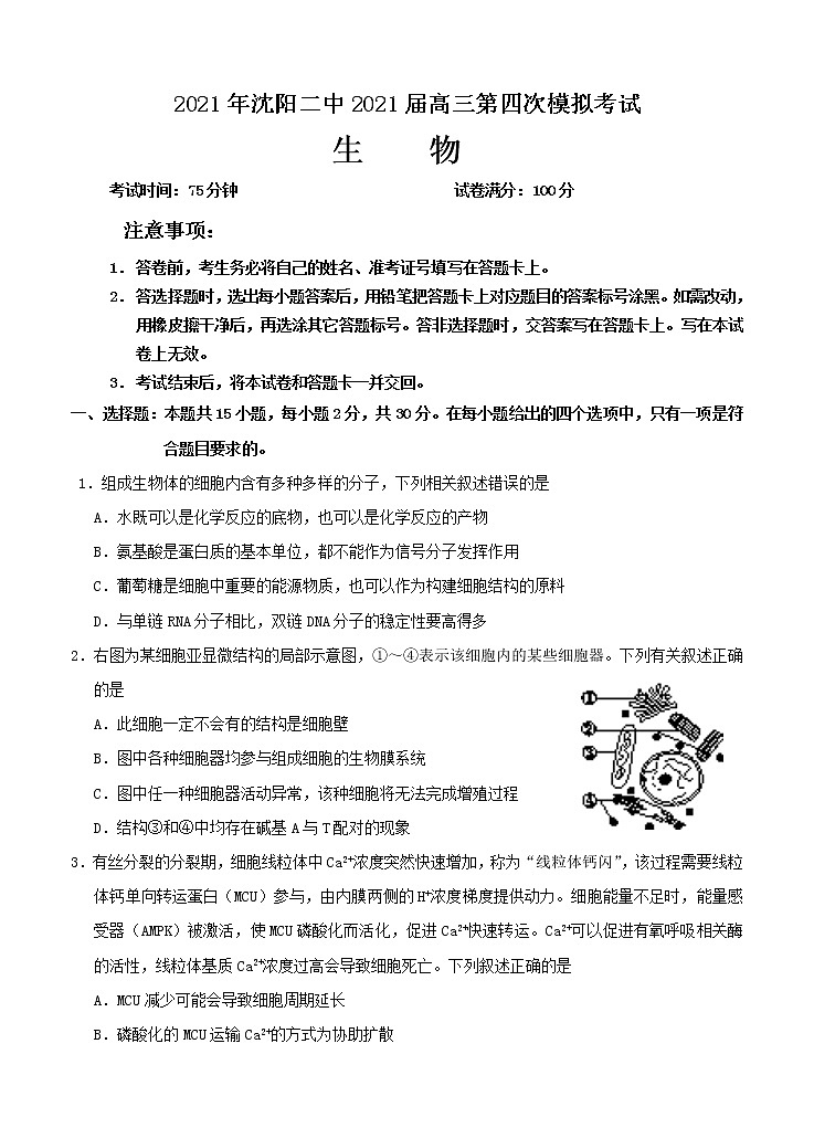 辽宁省沈阳市第二中学2021届高三下学期第四次模拟 生物（含答案）第1页