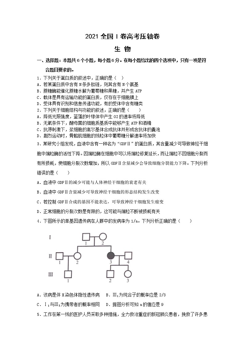 2021全国卷Ⅰ高考卷：生物+答案解析第1页