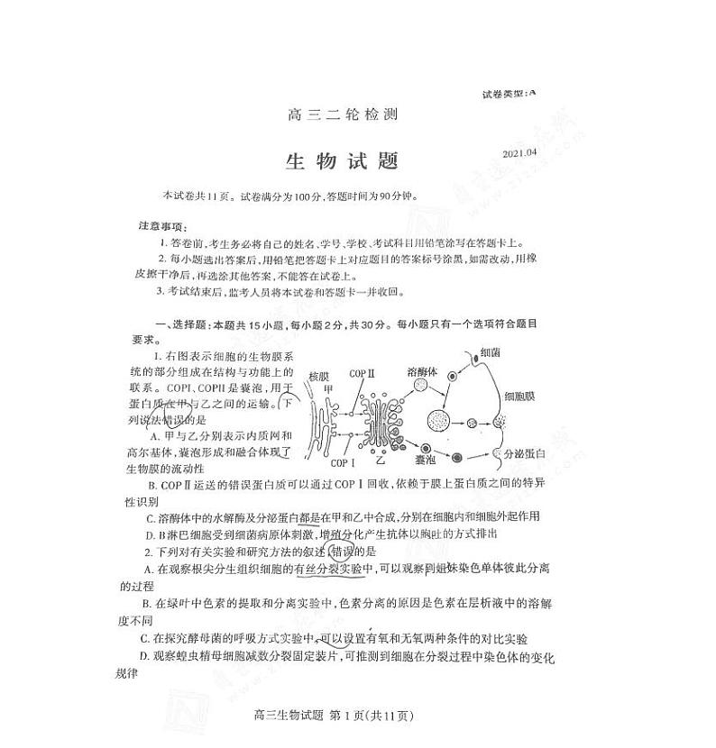 泰安二模生物第1页