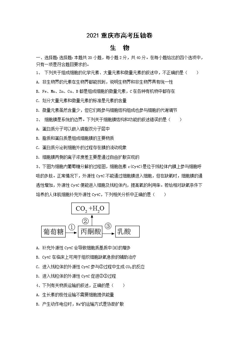 2021届重庆市高考压轴卷之生物Word版含答案解析01