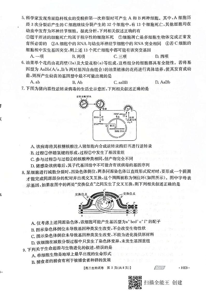 2021届河北省沧州市高考二模：生物+答案(扫描版) 试卷02
