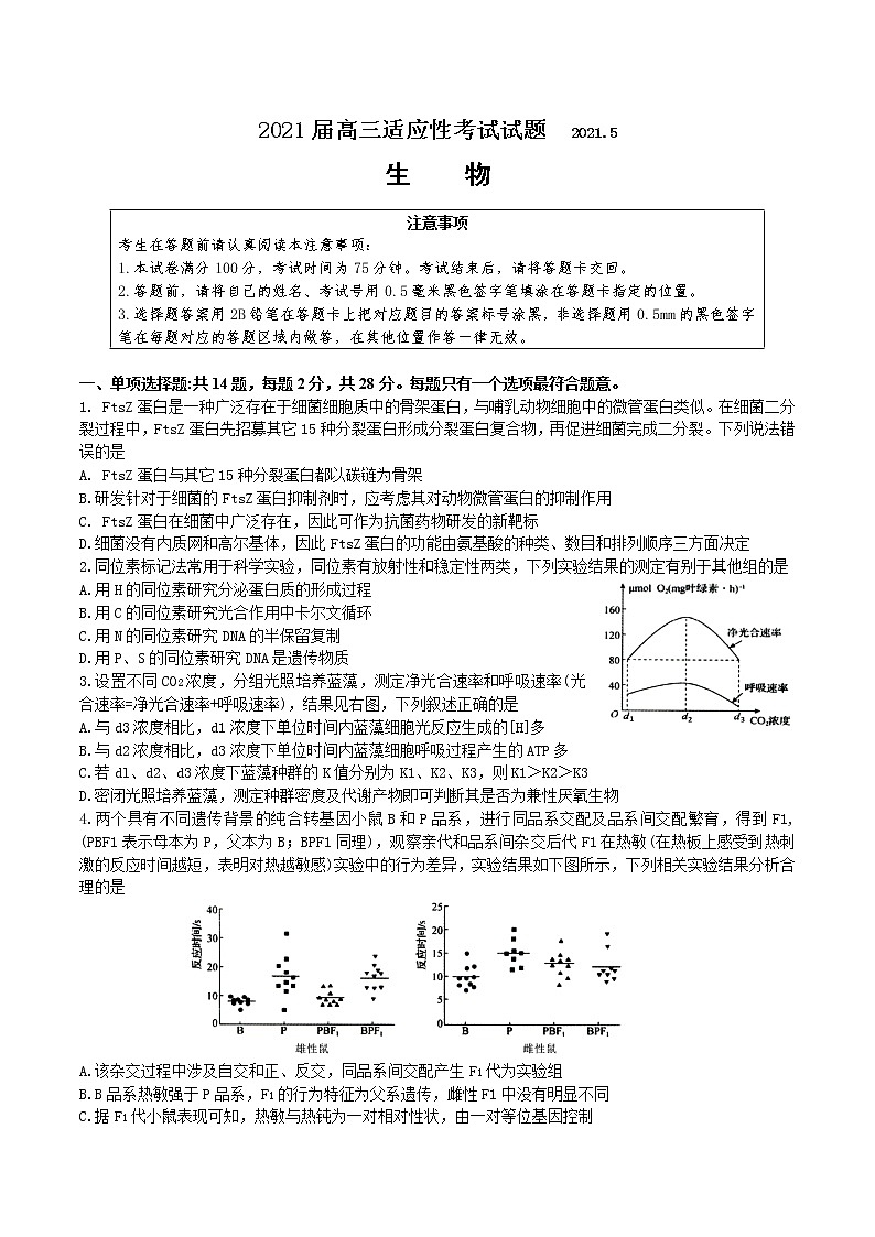 2021江苏省三校联考（姜堰中学、如东中学、沭阳如东中学）高三下学期5月联考卷：生物+答案01