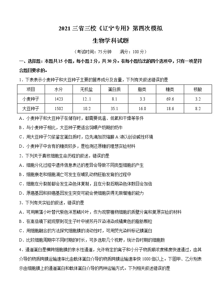 三省三校《辽宁省专考》2021届高三下学期4月高考第四次模拟 生物（含答案） 试卷01