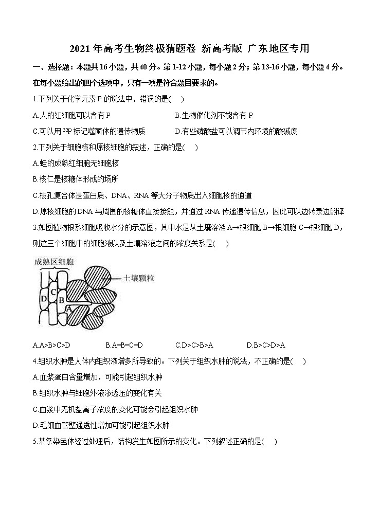 广东省2021届高三下学期5月高考终极猜题卷 生物（含答案）01