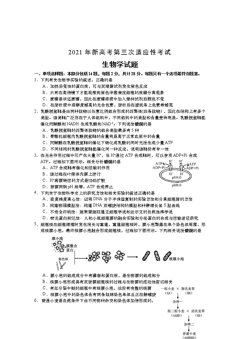 江苏省南通市如皋市2021届高三下学期5月第三次适应性考试：生物+答案01