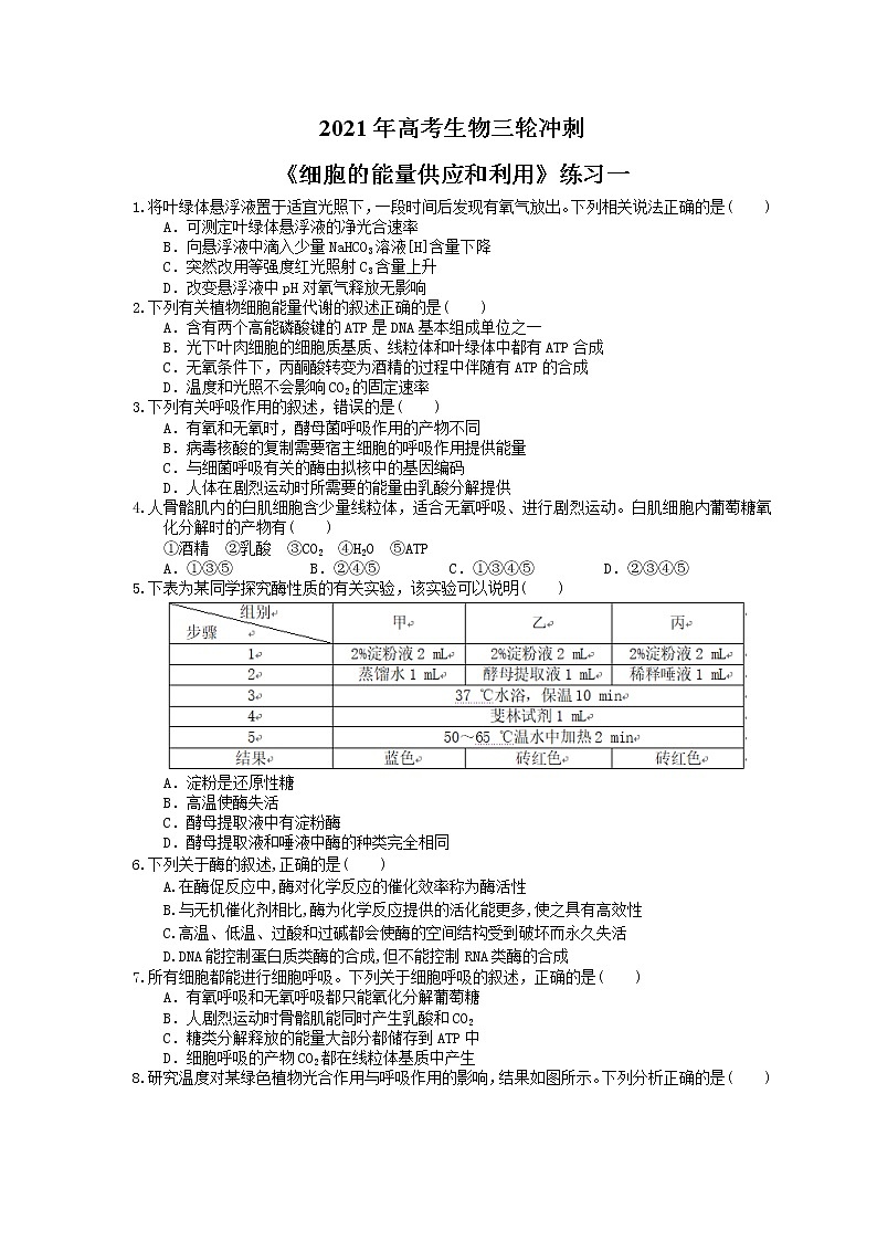 2021年高考生物三轮冲刺《细胞的能量供应和利用》练习一（含答案）第1页