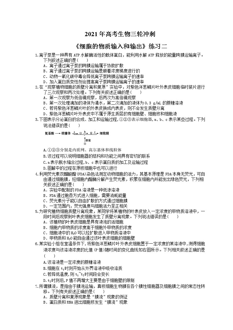 2021年高考生物三轮冲刺《细胞的物质输入和输出》练习二（含答案）第1页