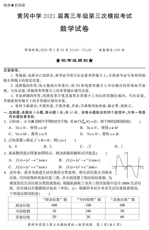 2021届黄冈中学高三三模-生物试题01