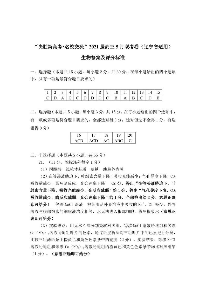 辽宁省2021届高三决胜新高考名校交流5月联考生物试卷答案第1页