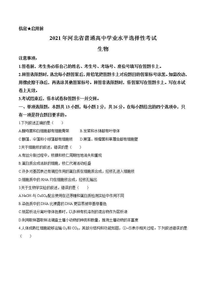 2021年全国高考新高考河北卷：生物高考真题（Word版+无答案）01