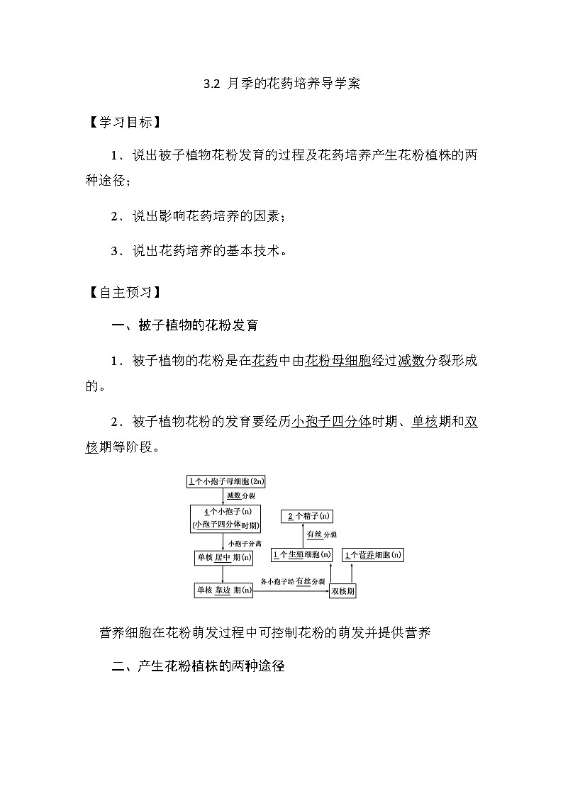 人教版高中生物选修一《生物技术实践》3.2  月季的花药培养导学案01