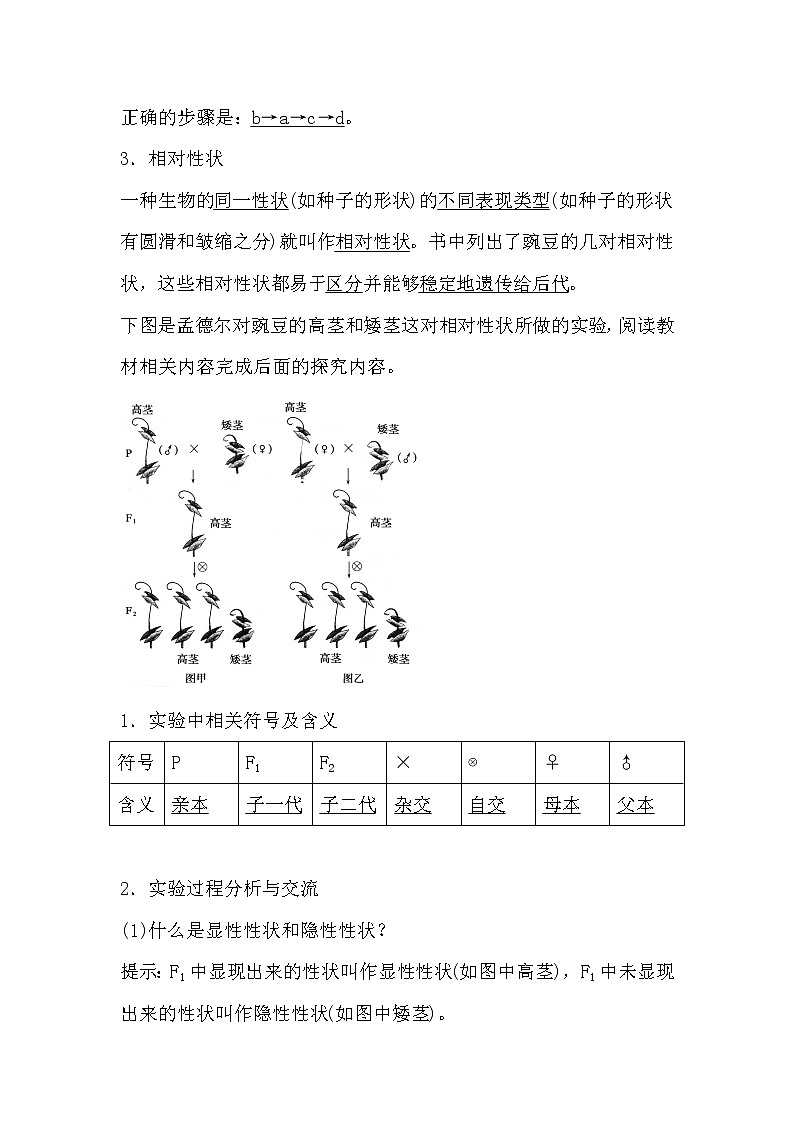 人教版高中生物必修2《遗传与进化》1.1孟德尔的豌豆杂交实验一（1）导学案02