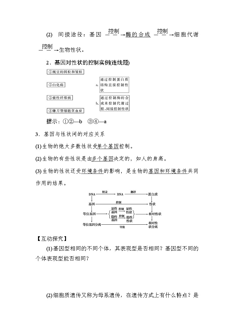 人教版高中生物必修二《遗传与进化》4.2 基因对性状的控制导学案02
