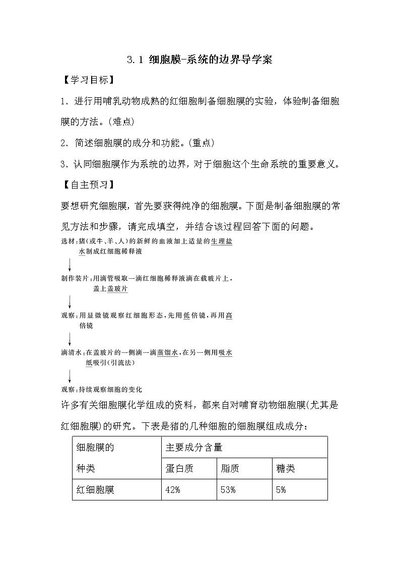 人教版高中生物必修一分子与细胞3.1 细胞膜-系统的边界导学案01