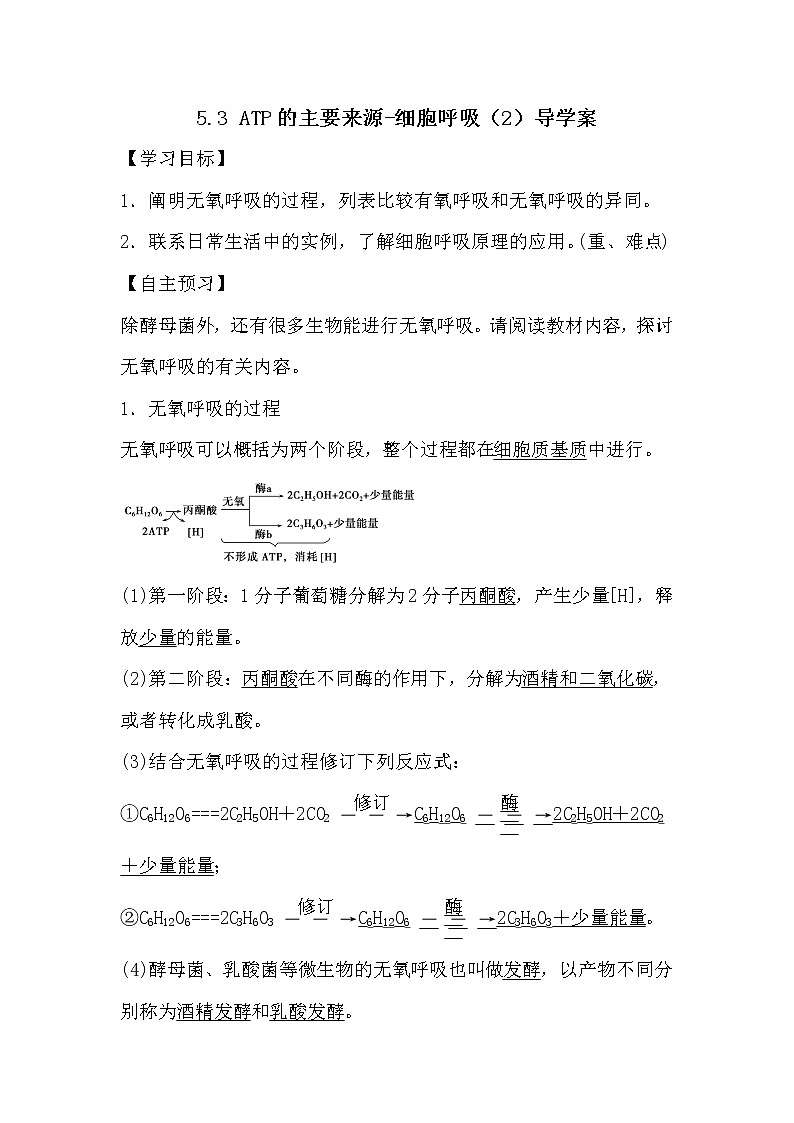人教版高中生物必修一分子与细胞5.3 ATP的主要来源-细胞呼吸（2）导学案01