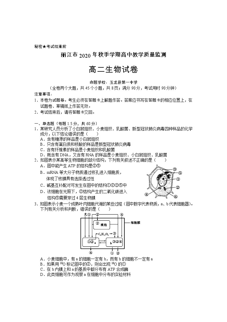 云南省丽江市2020-2021学年高二上学期期末教学质量监测生物试题+答案01
