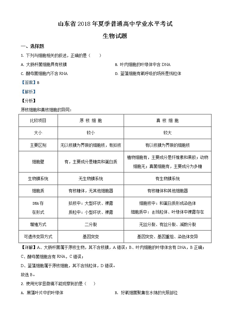 2018年山东生物学业水平测试真题（解析版）01