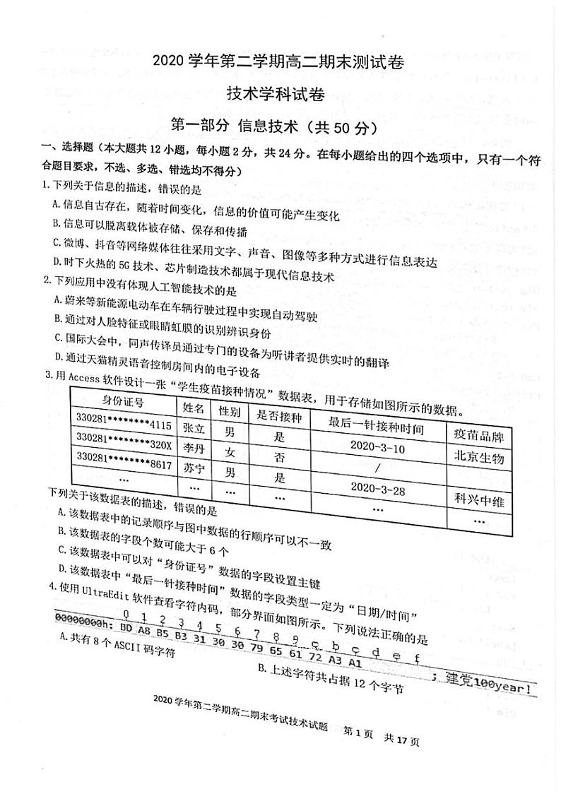 2020-2021学年浙江省宁波市慈溪市高二下学期期末测试技术试题  pdf版01