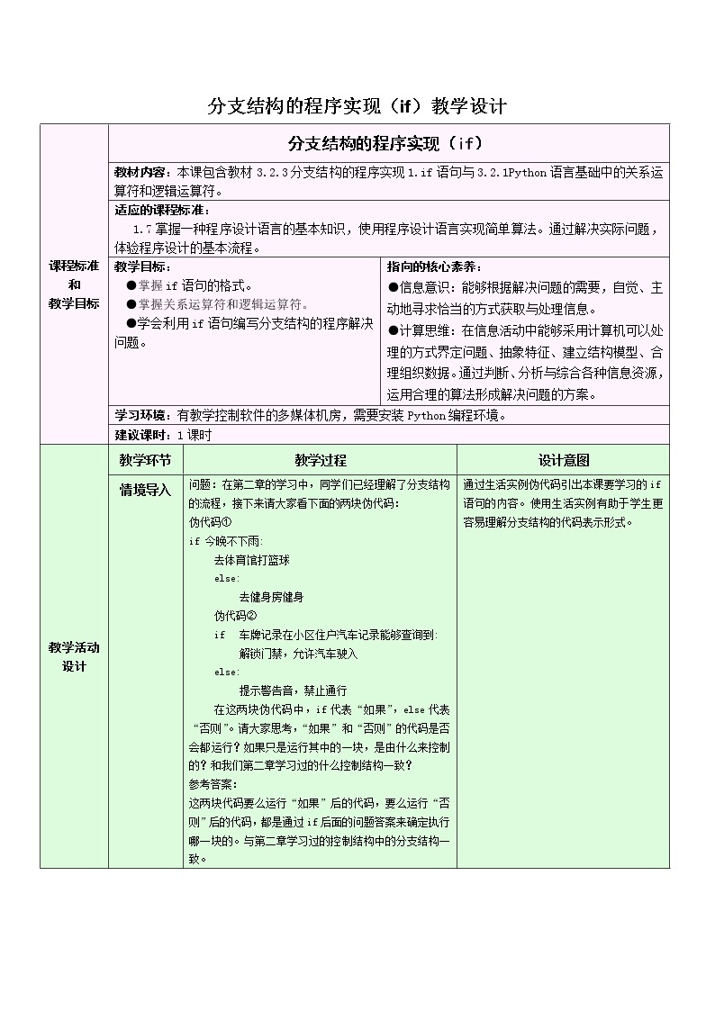 浙教版（2019）信息技术 必修1  3.2.3 Python语言程序设计——分支结构的程序实现 教学设计（2课时）01