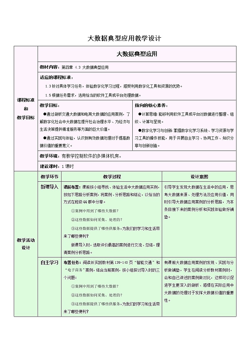 浙教版（2019）信息技术 必修1  4.3 大数据典型应用 教学设计01