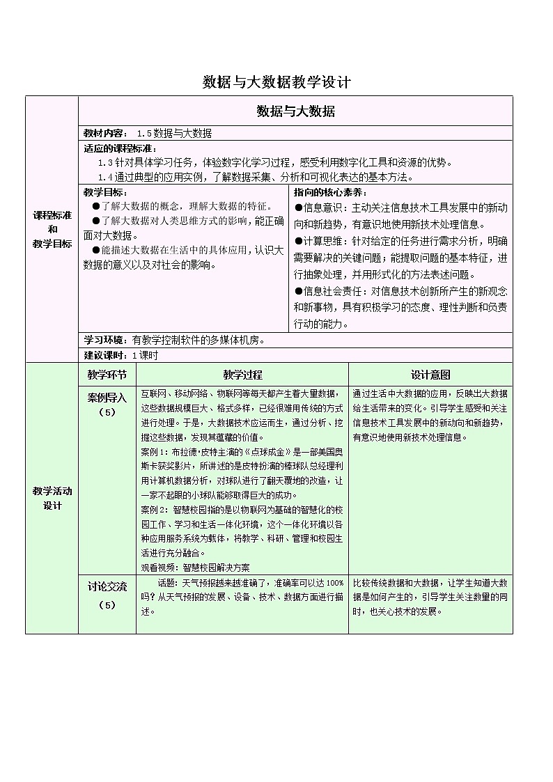 浙教版（2019） 必修1 数据与计算 1.5 数据与大数据教学设计第1页