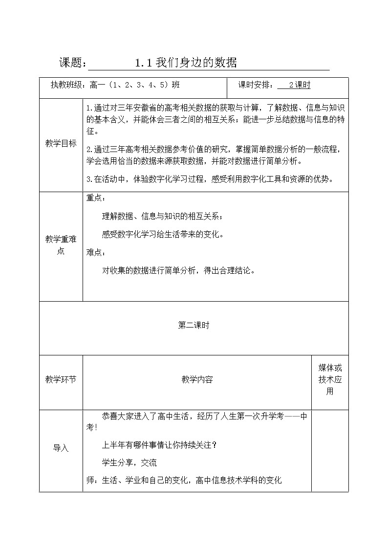 1.1我们身边的数据第2课时-【新教材】教科版（2019）高中信息技术必修一教案第1页