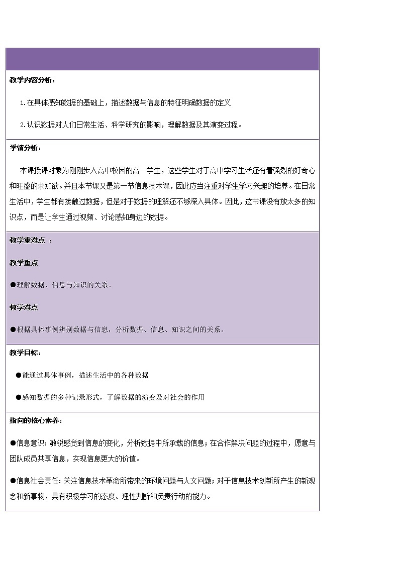 2020年高中信息技术新浙教版 必修1 1.1感知数据教案第1页