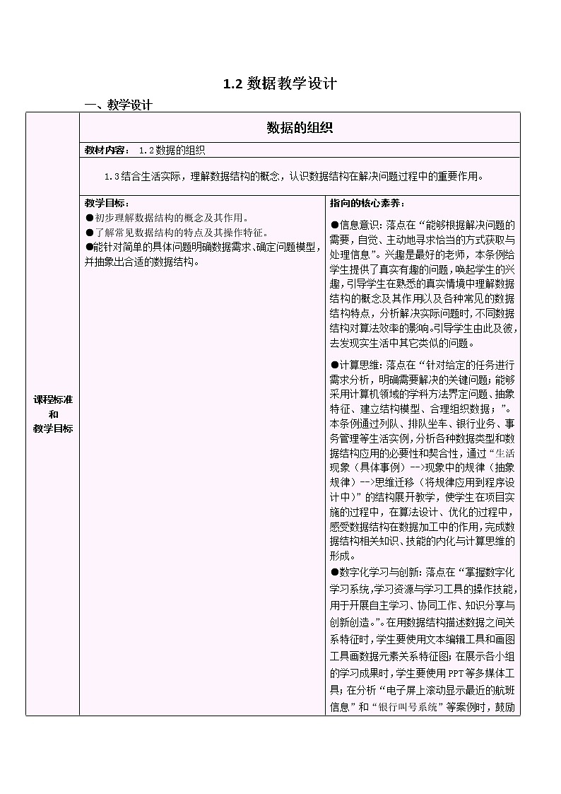 浙教版（2019）高中信息技术选修1-1.2：数据的组织教学设计01