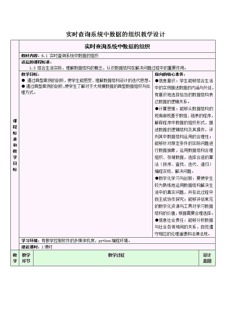 浙教版（2019）高中信息技术选修1-6.1：实时查询系统中数据的组织教学设计01
