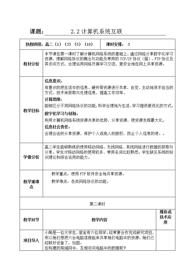2.2 计算机系统互联 第二课时 教案-【新教材】2021-2022学年教科版（2019）高中信息技术必修二01