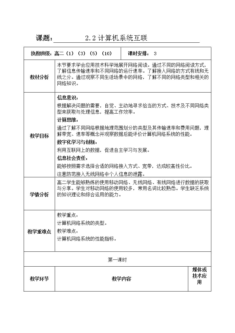 2.2 计算机系统互联 第一课时 教案-【新教材】2021-2022学年教科版（2019）高中信息技术必修二01