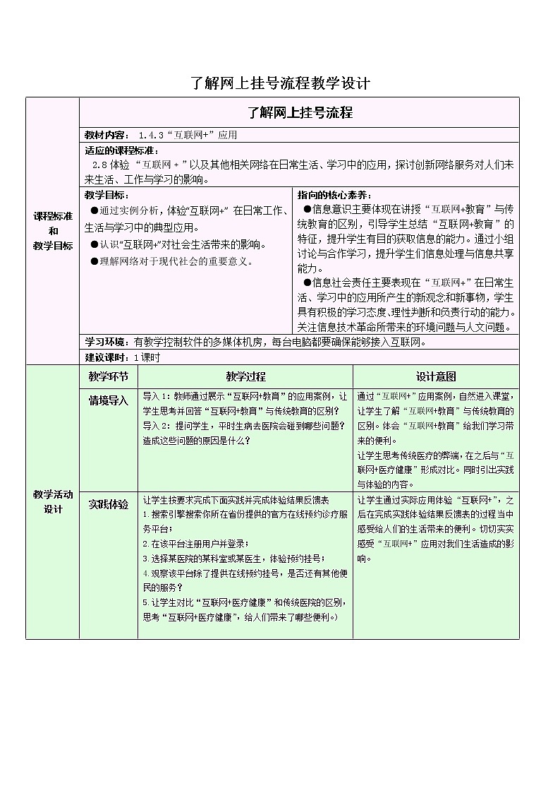 1.4 互联网+应用：了解网上挂号流程教学设计-2021-2022学年高中信息技术浙教版（2019）选修201
