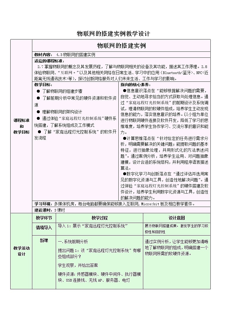 4.3 物联网的搭建实例教学设计-2021-2022学年高中信息技术浙教版（2019）选修201