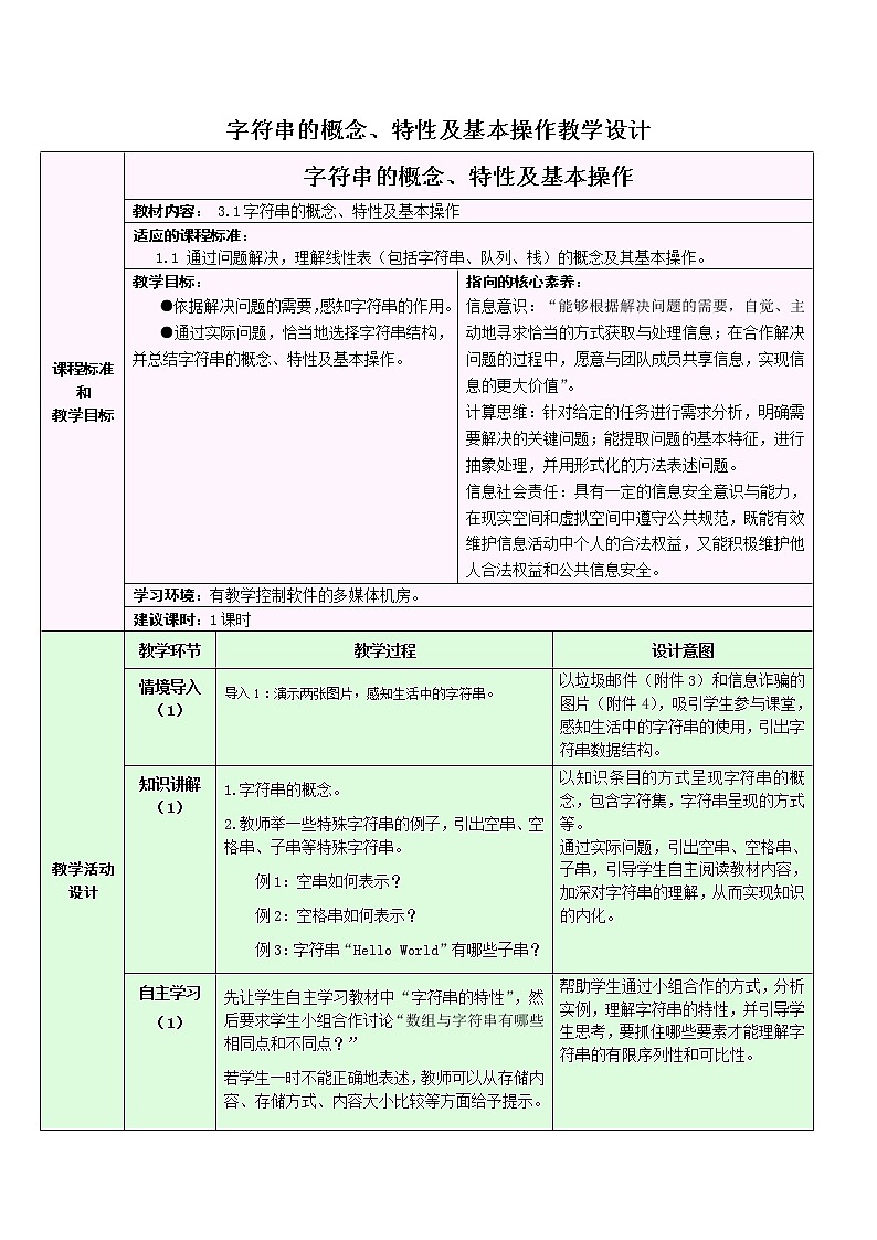 3.1.1 字符串的概念、特性及基本操作 教学设计01