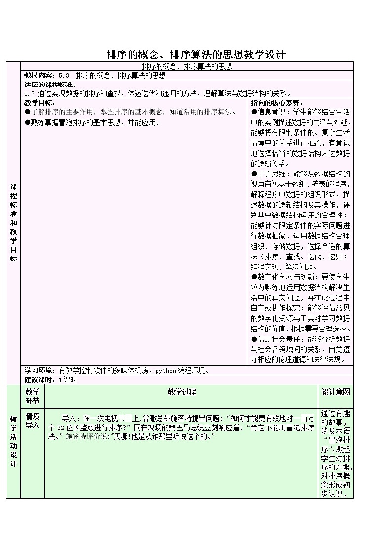 5.3.1 排序的概念、排序算法的思想 教学设计01