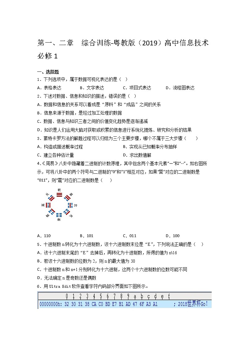 粤教版（2019）高中 信息技术 必修1第一、二章  综合训练（含答案）01
