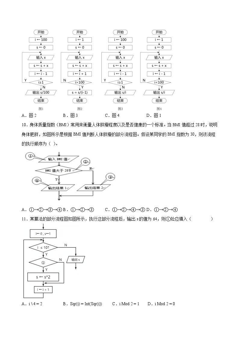 2.1算法的概念及描述同步练习2021-2022学年高一信息技术上学期浙教版（2019）必修一数据与计算02