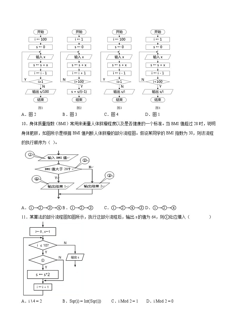 2.1算法的概念及描述同步练习2021-2022学年高一信息技术上学期浙教版（2019）必修一数据与计算02