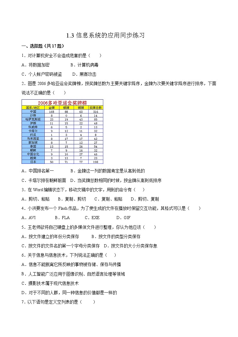 1.3信息系统的应用同步练习2021-2022学年高一信息技术下学期浙教版（2019）必修二信息系统与社会第1页