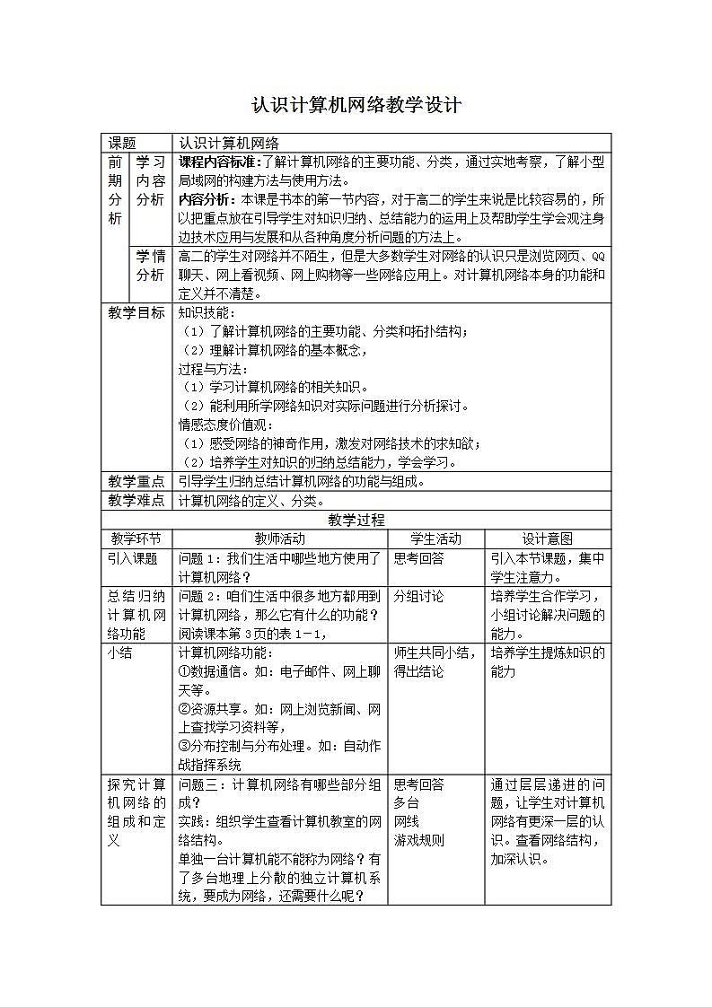 粤教版高中信息技术（选修3） 1.1 认识计算机网络 教案01