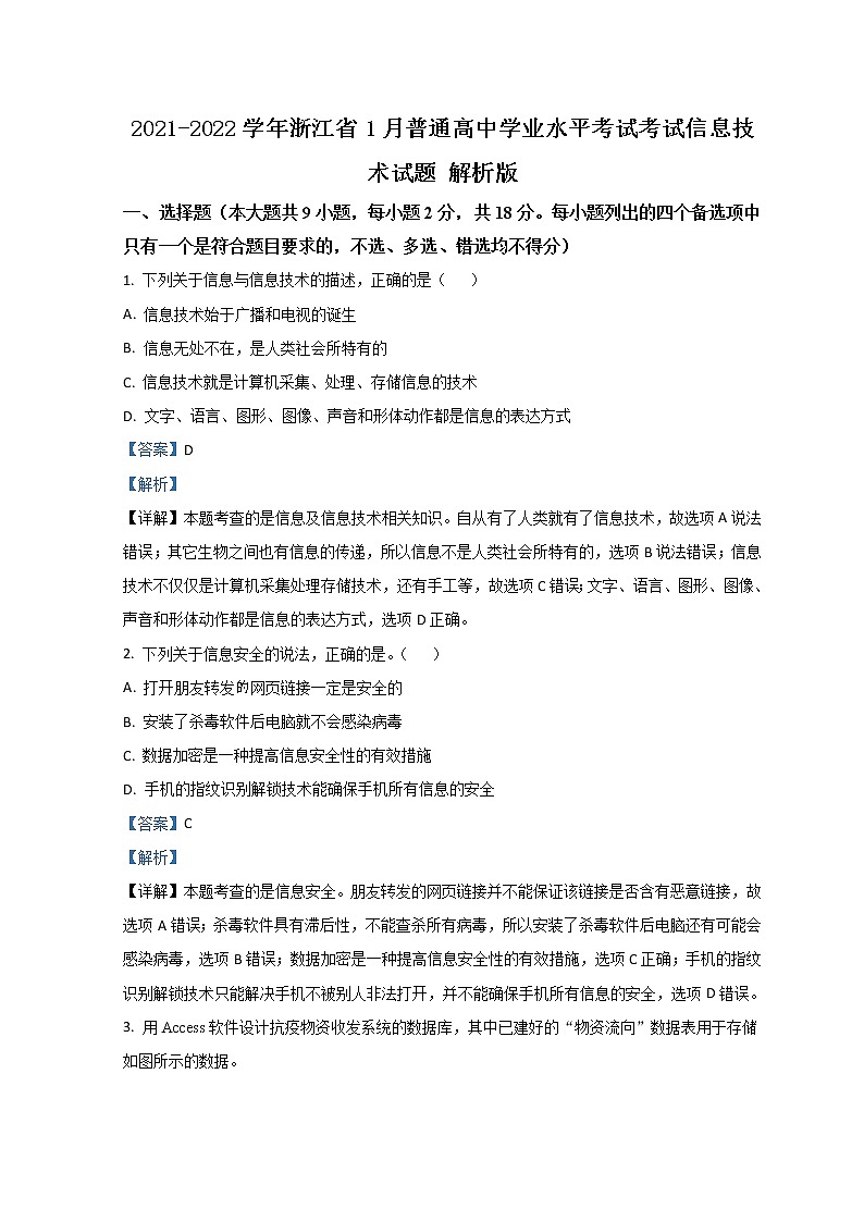 2021-2022学年浙江省1月普通高中学业水平考试考试信息技术试题 解析版第1页
