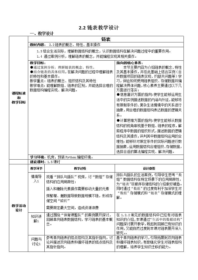 2.2.1 链表的概念、特性、基本操作 教学设计第1页