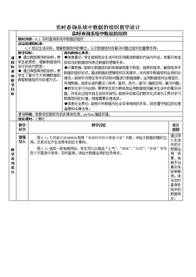 6.1 实时查询系统中数据的组织 教学设计（表格式）01
